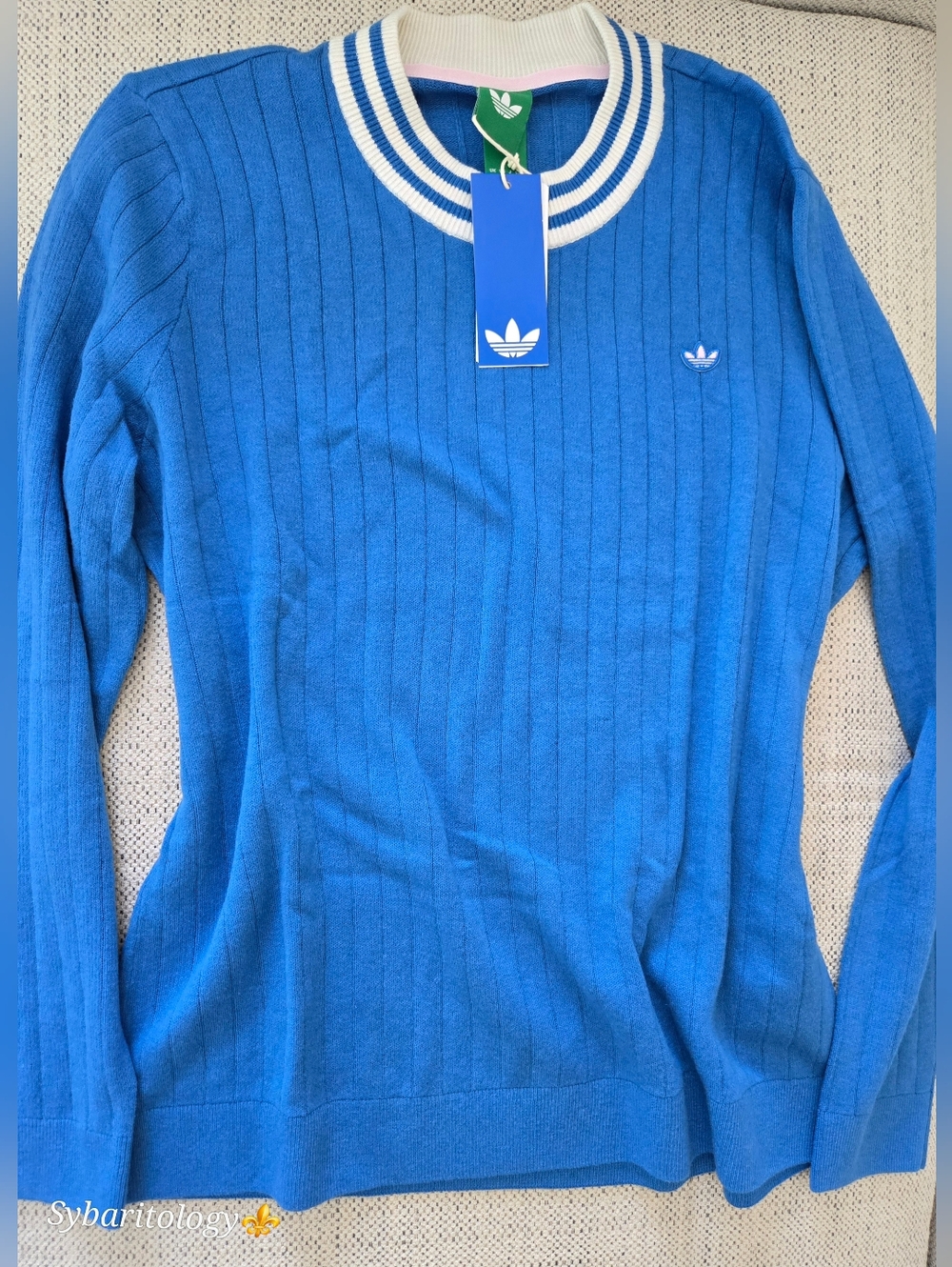 NWT ADIDAS ORIGINALS Blue Cashmere Ribbed Crewneck Golf Sweater Size: XL